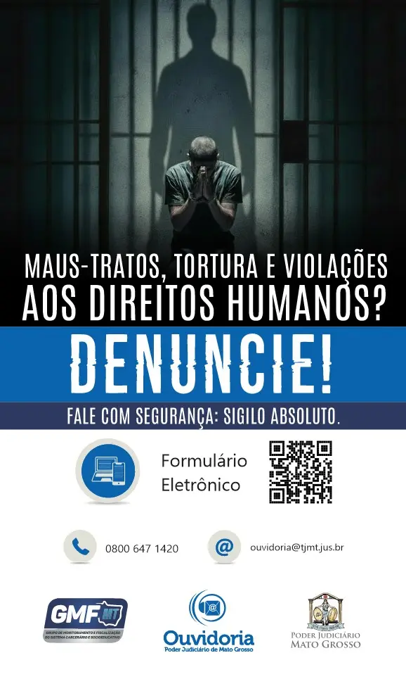 Cartaz com imagem de homem ajoelhado e algemado em uma cela escura. Texto: 