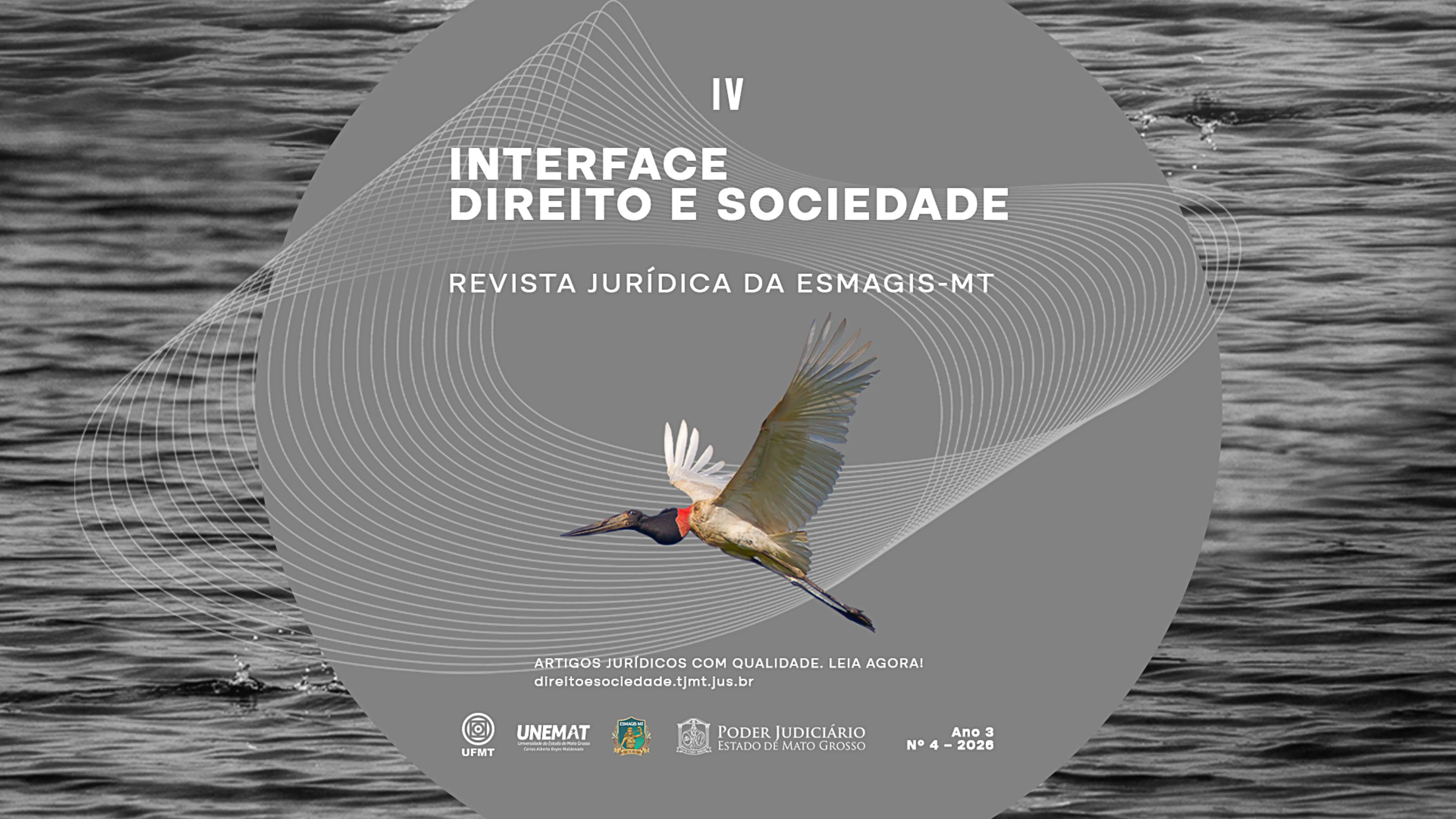Capa de revista jurídica com fundo cinza em formato circular sobre águas em preto e branco. No centro, um tuiuiú voando. Título: 