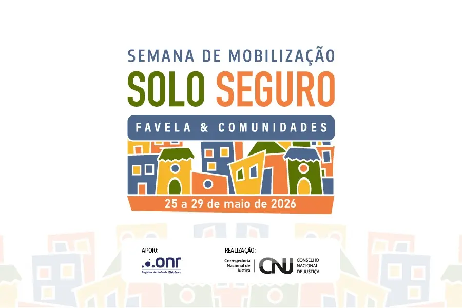 Arte oficial da Semana de Mobilização Solo Seguro, Favela e Comunidades 2026, com ilustração de moradias coloridas e informações do período da campanha
