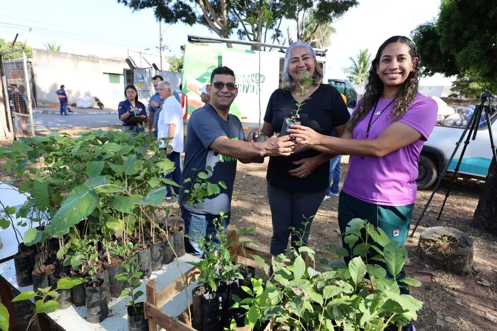 Foto horizontal em plano aberto que mostra um servidor com camiseta cinza do programa Verde Novo entregando muda de planta para duas mulheres, no pátio da Escola Municipal Dom Bosco. Na frente deles, sobre uma mesa, há diversas mudas de plantas. 