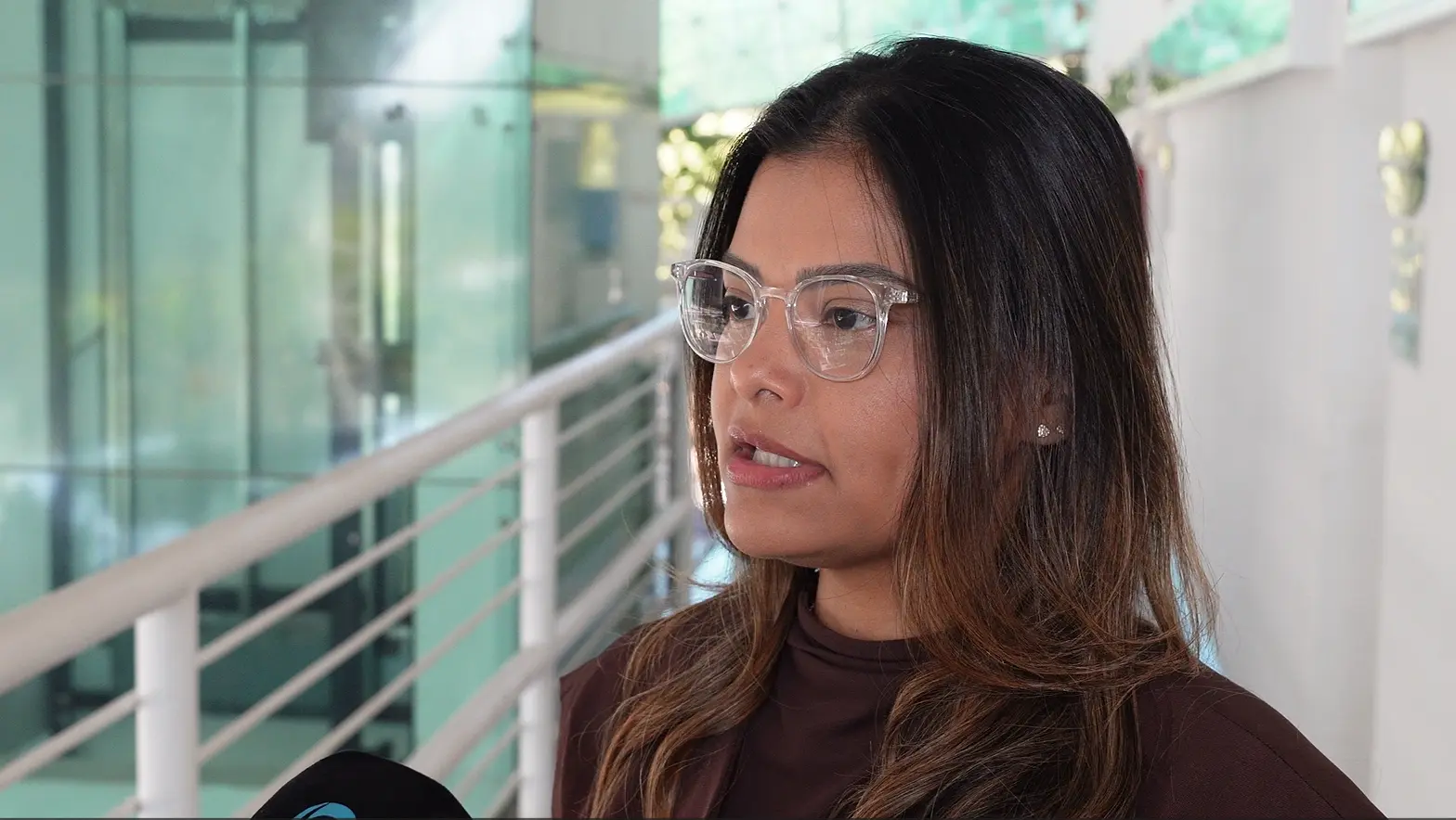 Psicóloga Franciane Silva Lopes é uma mulher jovem de pele parda, cabelos longos e escuros com mechas claras, usando óculos de armação transparente e blusa marrom. Ela olha para o lado esquerdo. Um microfone escuro aparece em primeiro plano no canto inferior esquerdo.