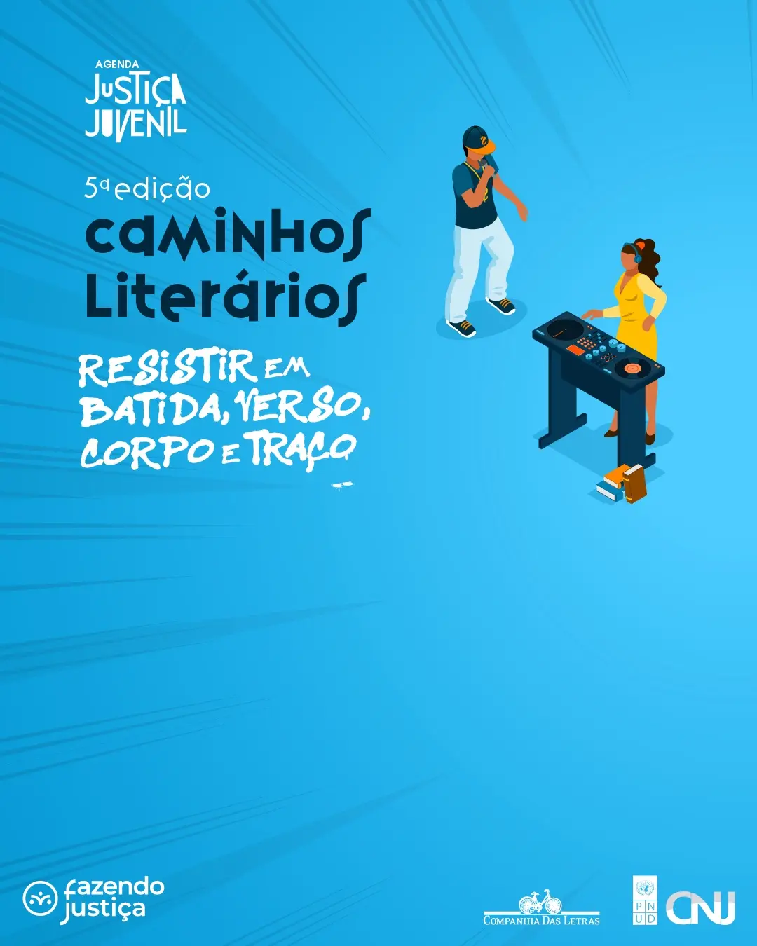 Cartaz azul com textos à esquerda: